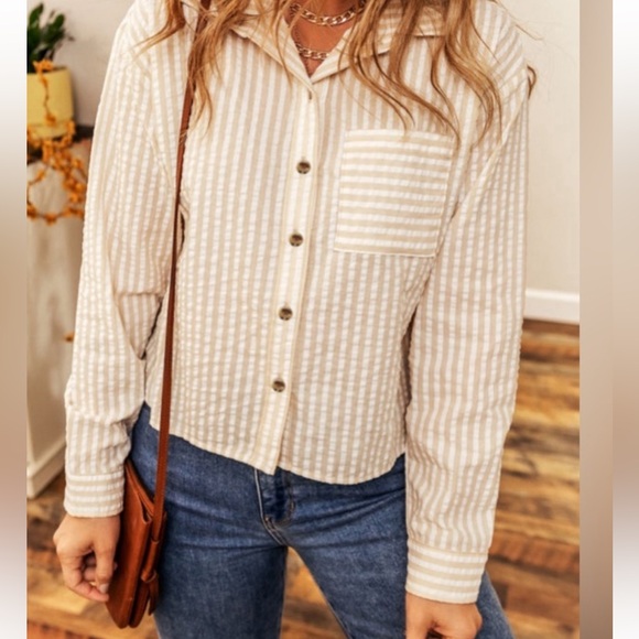 Tan and White Striped Collared Button Down Top - Picture 3 of 7